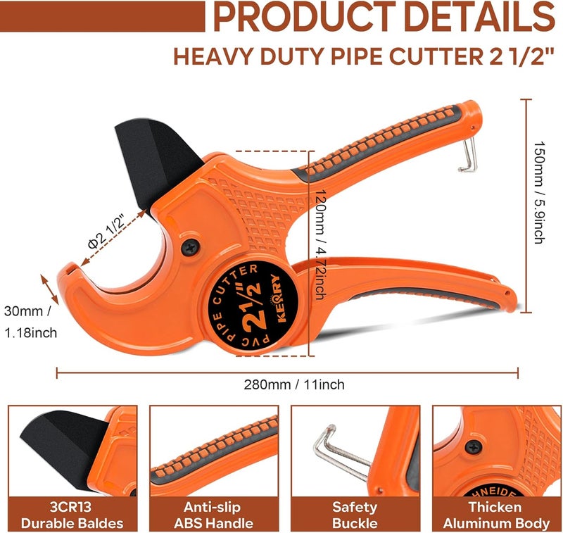 KERRY PVC Pipe Cutter with SK5 Blade, Outer Diameter Up to 2-1/2" Ratcheting Heavy-Duty PEX POLY PE PPR Plastic Hoses and Plumbing Tube Cutting Tool, Thicken Aluminum Body Efficient Extended Handle - Image 2